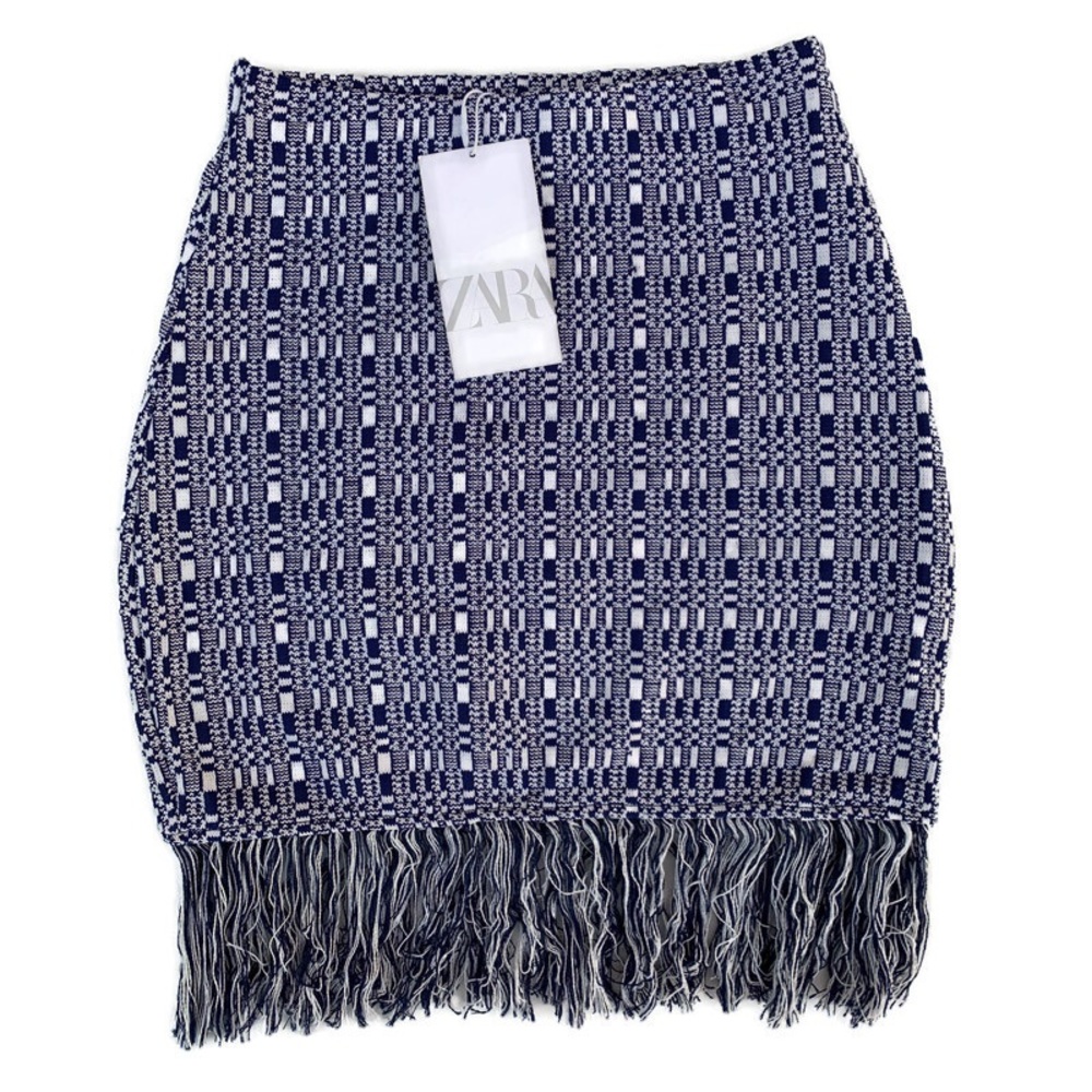 Zara Tweed Blue and White Knit Fringe Pull On Miniskirt NWT